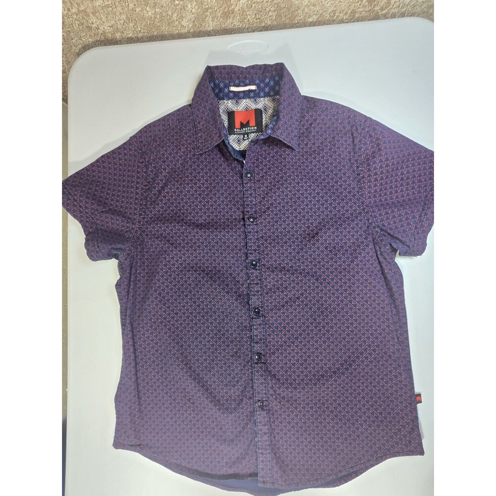 Michael Strahan Button Down Mens Medium Blue/Red Modern Fit Short Sleeve Shirt